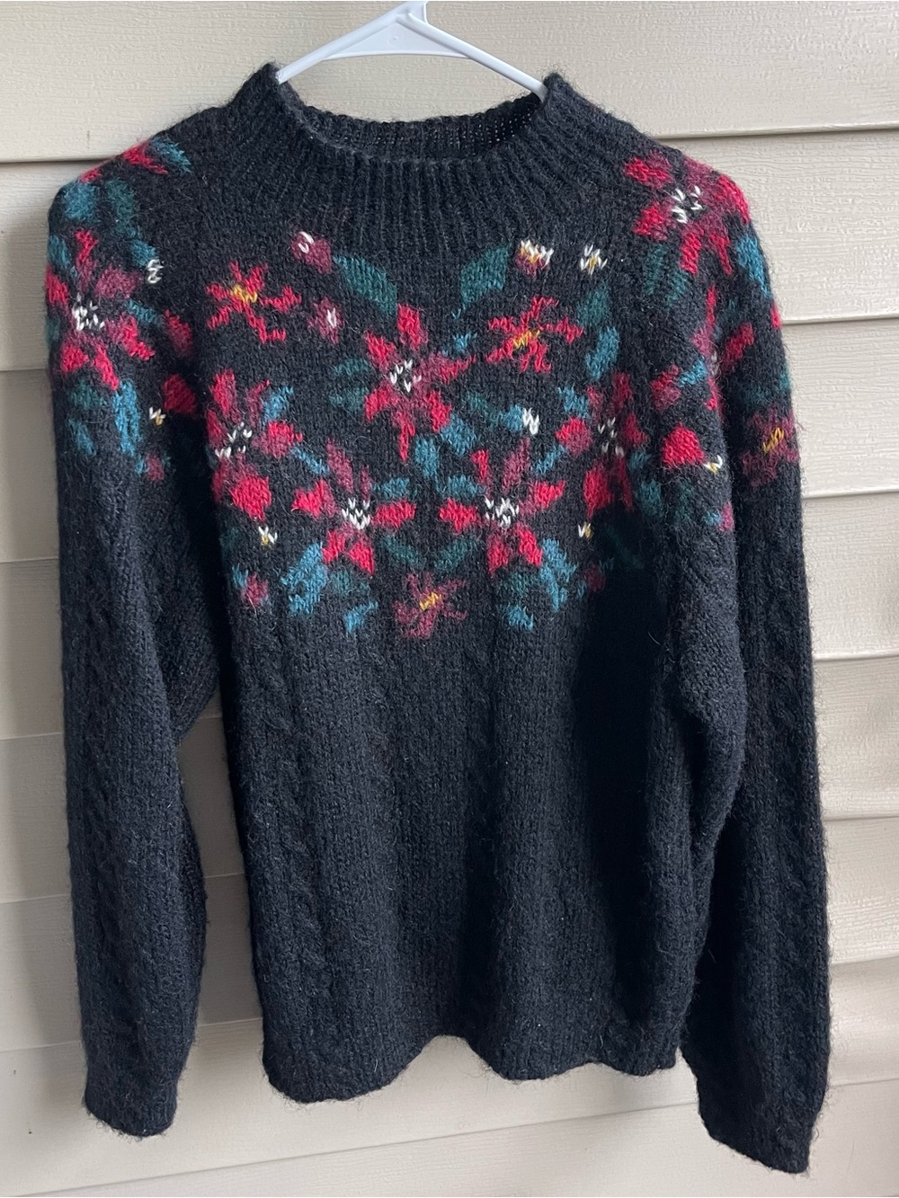 Vtg L.L.Bean Sweater Women's Medium Black Knit Mohair Pullover 80s 90s Floral
